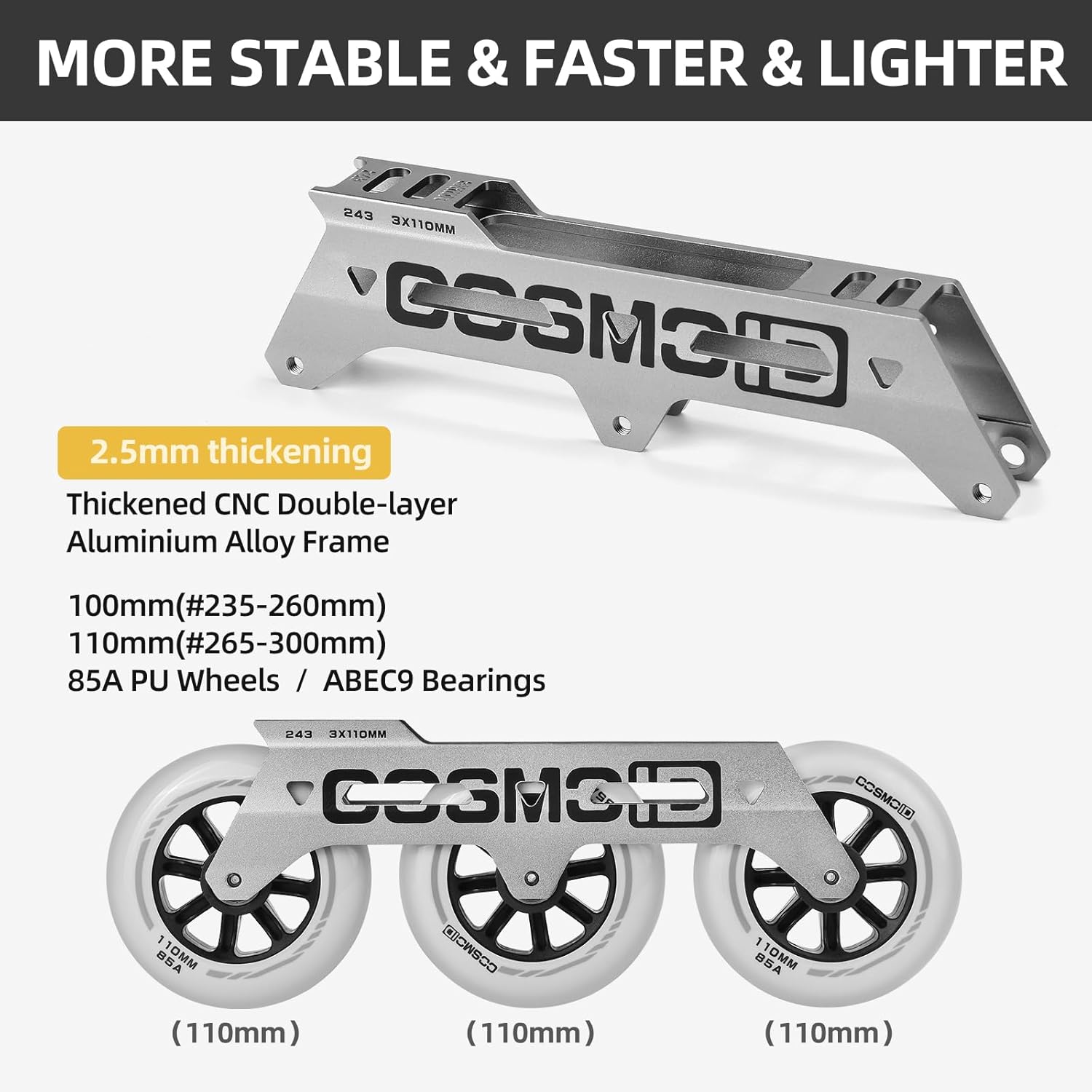 TT3 Adult Size 8-9 Inline Skate - COSMOID High Performance Roller Skates Blades for Women & Men, 3 Wheels 110mm Metal Frame,Indoor Outdoor and Fitness Grey, Size 5-13